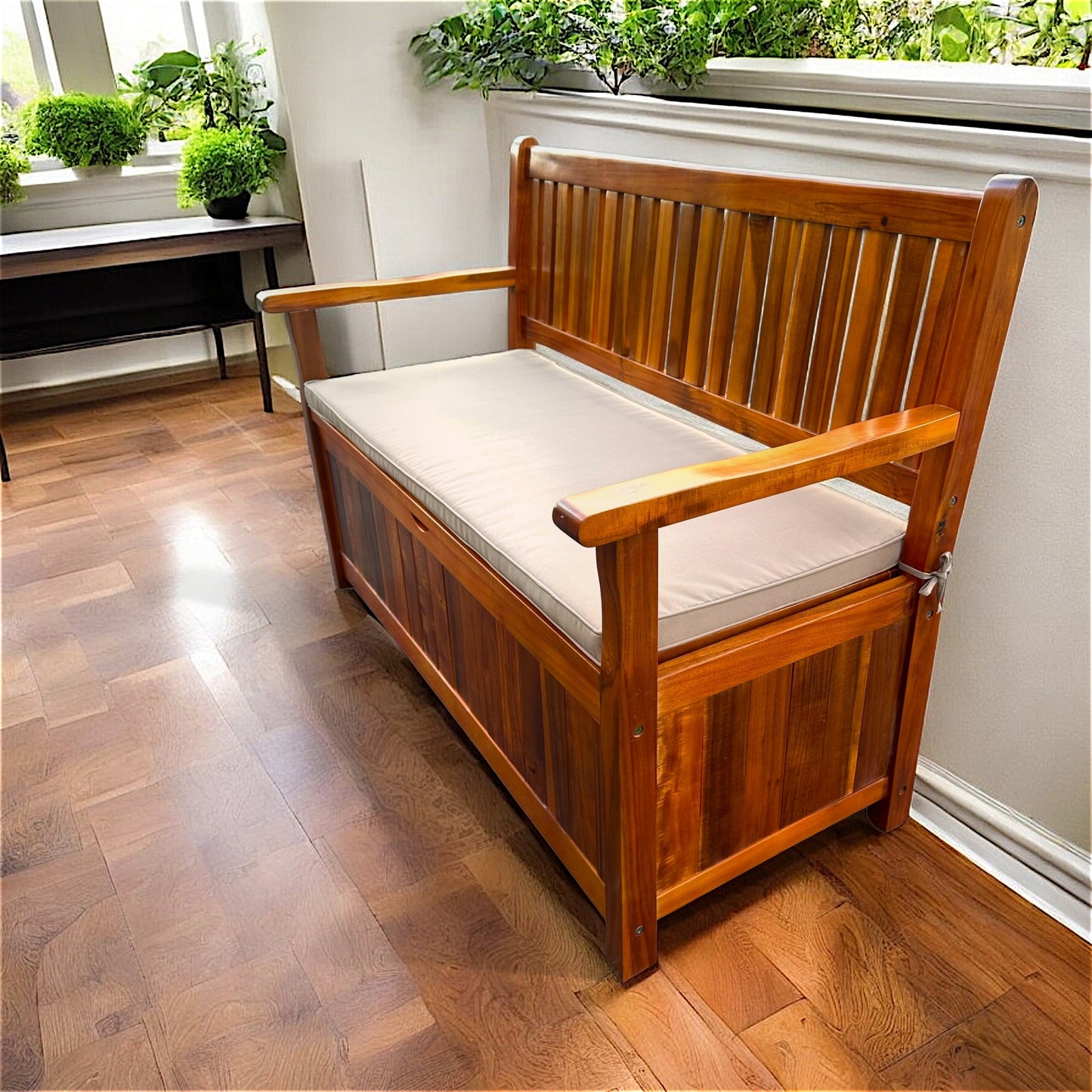 B005P - Banc de rangement Kalihi en finition polyuréthane avec coussin