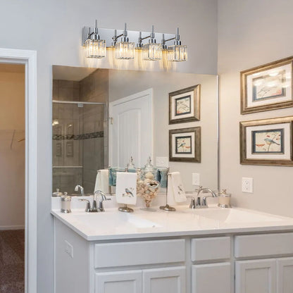 Luminaires de salle de bain modernes à intensité variable en cristal Ora, à installer au-dessus du miroir, style glamour.