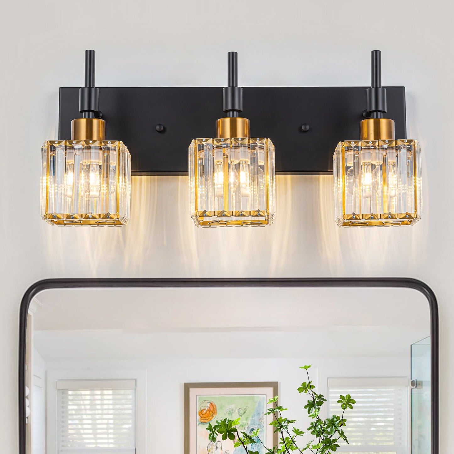 Luminaires de salle de bain modernes à intensité variable en cristal Ora, à installer au-dessus du miroir, style glamour.